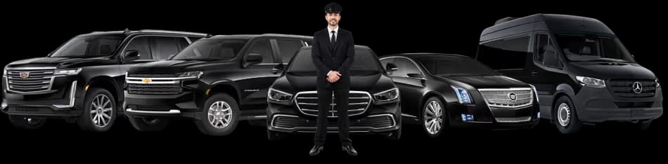 a chauffeur stand in front of black cars center